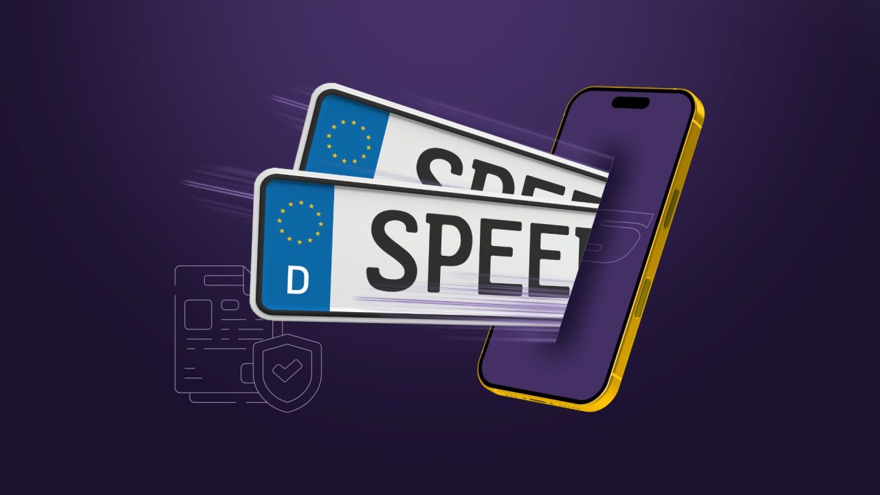 Illustration einer digitalen i Kfz-Zulassung mit Smartphone, Kennzeichen und Sicherheitssymbolen