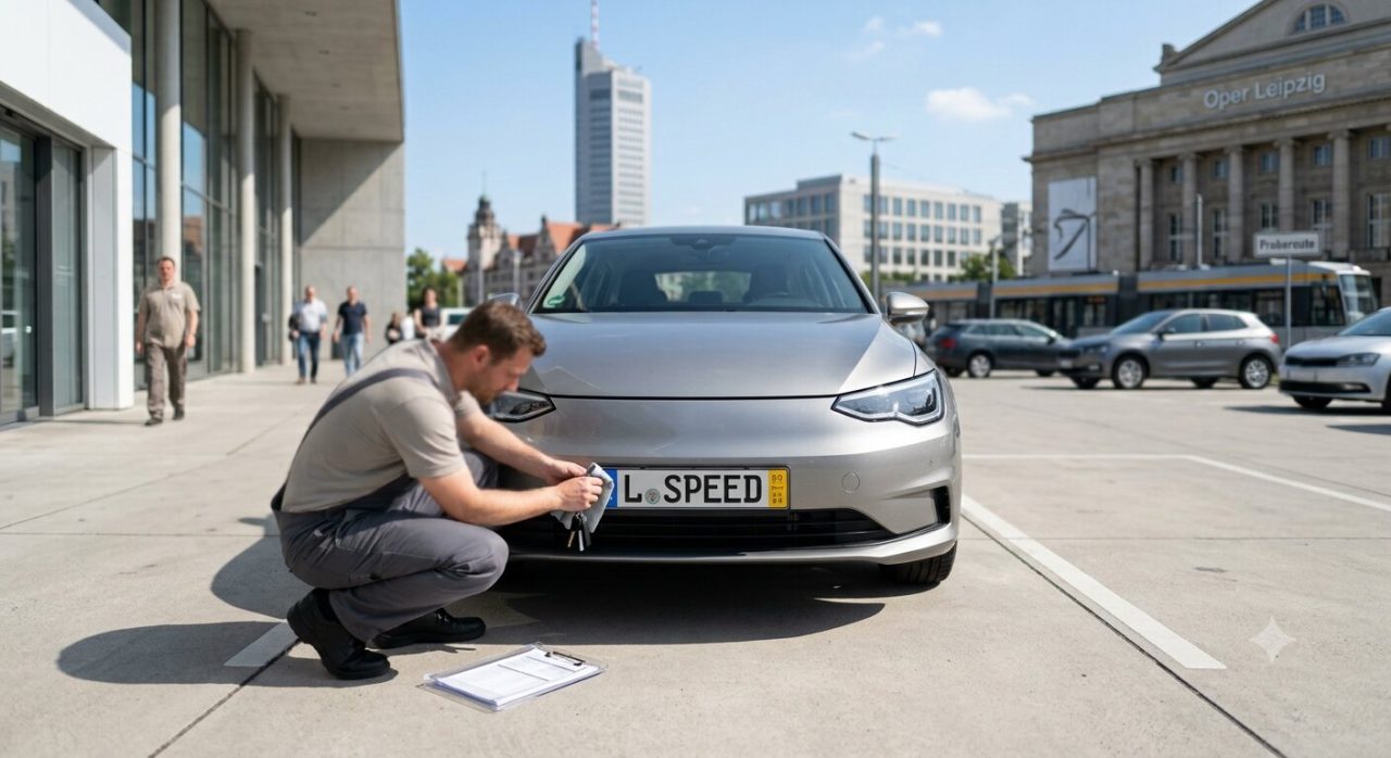 Ein Mann, der ein Kurzzeitkennzeichen an einem Fahrzeug befestigt