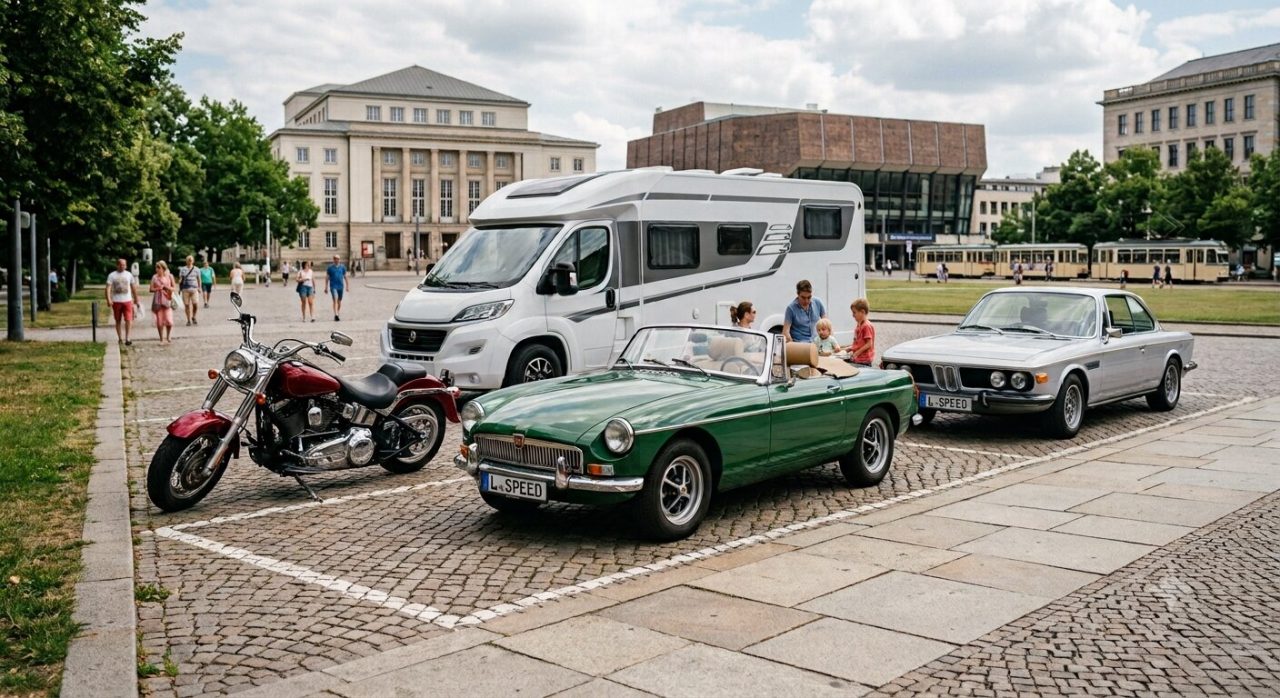 Ein Cabrio, ein Motorrad, ein Wohnmobil und ein Oldtimer in Leipzig | Saisonkennzeichen